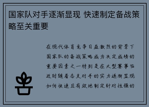 国家队对手逐渐显现 快速制定备战策略至关重要