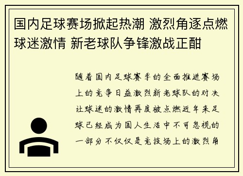 国内足球赛场掀起热潮 激烈角逐点燃球迷激情 新老球队争锋激战正酣