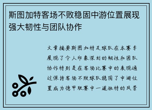斯图加特客场不败稳固中游位置展现强大韧性与团队协作