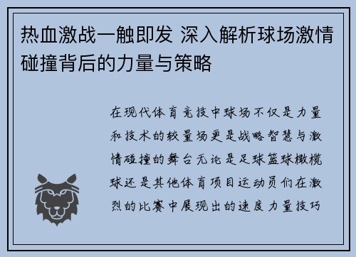 热血激战一触即发 深入解析球场激情碰撞背后的力量与策略