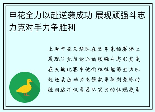 申花全力以赴逆袭成功 展现顽强斗志力克对手力争胜利