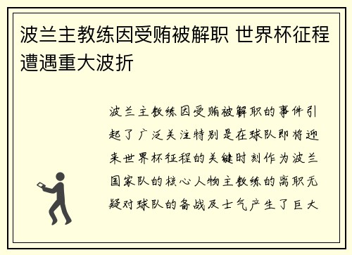 波兰主教练因受贿被解职 世界杯征程遭遇重大波折