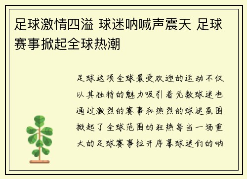 足球激情四溢 球迷呐喊声震天 足球赛事掀起全球热潮