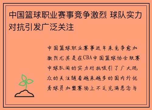 中国篮球职业赛事竞争激烈 球队实力对抗引发广泛关注